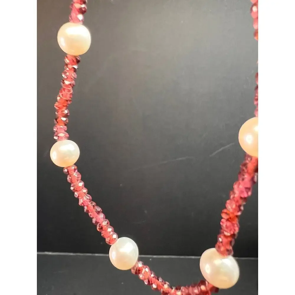 14k gold garnet and pearl station necklace 18 inches